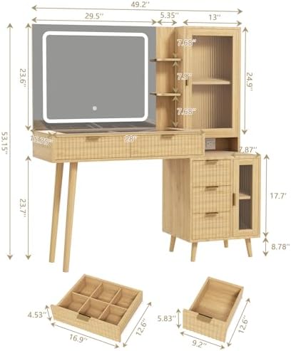 49" Wood Vanity Desk with Mirror and Lights, Boho Fluted Makeup Vanity Table with Modern Glass Top, Charging Station, 5 Drawers, 2 Cabinet with Adjustable Shelves, Salon Station, Natural Oak - Image 2