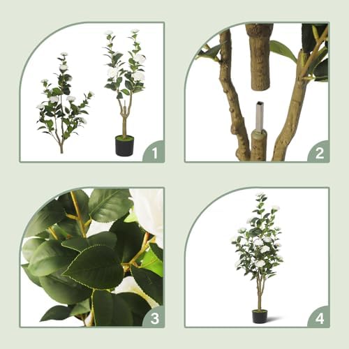 2-Pack 4FT Artificial Camellia Tree,Realistic Fake Potted Plants with Flowers&Planters,Indoor/Outdoor Faux Flowering Trees for Home,Office,Porch,Wedding,and Housewarming Gift Decor,White - Image 4