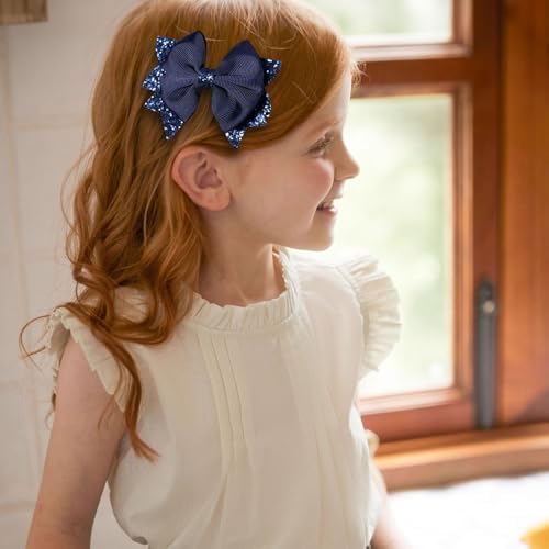 Navy Blue Glitter Hair Bow Alligator Clips 3.5" Aesthetic Ribbon Ponytail Hair Barrettes for Toddler Teen Baby Girls School Kids Birthday Wedding Party Dress Decor Accessories 2pc - Image 4