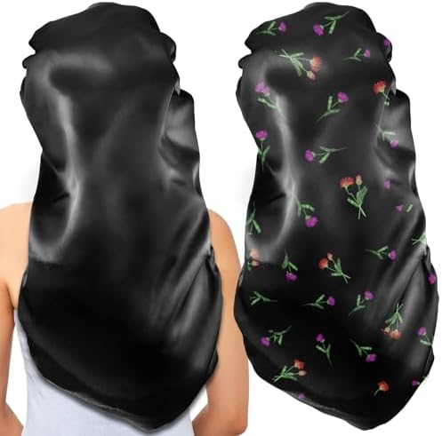 2Pcs Long Satin Bonnet Sleep Cap for Women, Black+Green Pattern by Gelme+Nutri