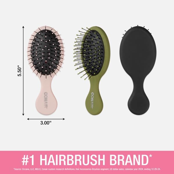 Conair Detangling Mini Hair Brush Set, Detangler Brushes, Wet or Dry, Detangler for All Hair Types, Brushes for Women, Matte Pink, Green, Black, 3 Count Travel Size (Pack of 8) - Image 6