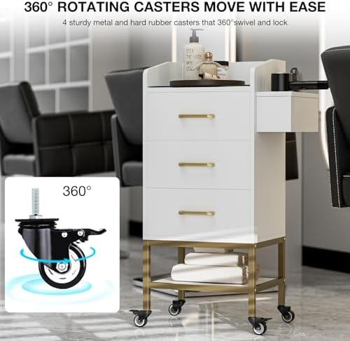 4-Tier Salon Station for Hair Stylist,White Beauty Barber Storage Station w/Glass Top, 3 Drawers, Hair Dryer Holders, Lockable Wheels for Barber Station, Salon Storage Equipment - Image 5