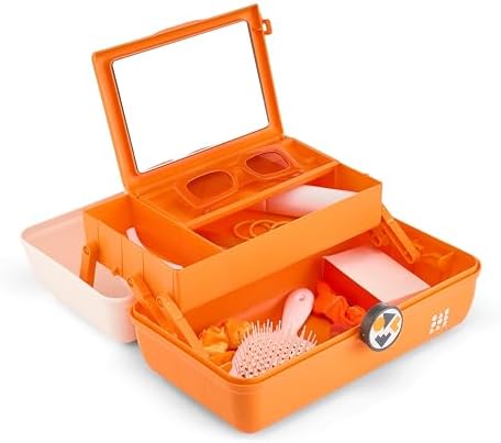 Caboodles School Spirit On-The-Go Girl Makeup Box, White Over Orange, Hard Plastic Makeup Organizer Box, Built-In Mirror, Secure Latch for Safe Travel, Spacious Storage for Large Items - Image 3
