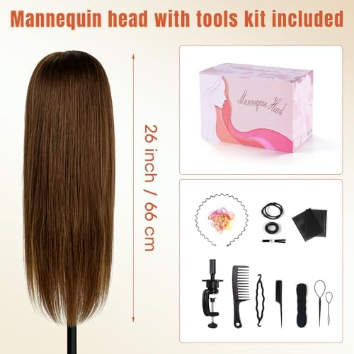 26''Real Hair Mannequin Head,TopDirect 80% Amber Brown Hairdresser Cosmetology Mannequin Doll Head Styling,Manikin Heads Hairs Braiding DIY Styling with Clamp Holder and Tools Set - Image 6
