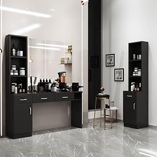 Paddie Wall Mount Barber Salon Stations for Hair Stylist, Hair Stylist Salon Equipment Set Beauty Spa Furniture with Shelves/Lockable Drawers/Storage Cabinet (Black3) - Image 2