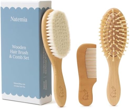 Natemia Wooden Baby Hair Brush & Comb Set - Natural Goat Hair Bristles & Soft Bristle Brush - Gentle Scalp Massage & Cradle Cap Comb - For Newborns & Toddlers, Baby Grooming Kit by Natemia
