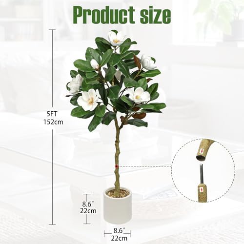 Briful 5FT Artificial Magnolia Tree with White Flowers in Cream Pot - Image 2