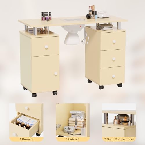 OmySalon Manicure Table Nail Desk for Nail Tech, Nail Table Station w/Electric Dust Collector, Makeup Beauty Salon Storage Acetone Resistant w/Wheels,Wrist Cushion (Almond Cream, Single 42.5''L) - Image 6