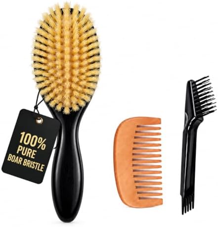 100% Boar Bristle Hair Brush for Fine Hair, Soft Boar Bristle Oval Cushion Brush for Girls & Women with North American Oak Wood Handle, Wide Tooth Comb & 2-in-1 Cleaning Tool for Daily Shine, Black by popcode