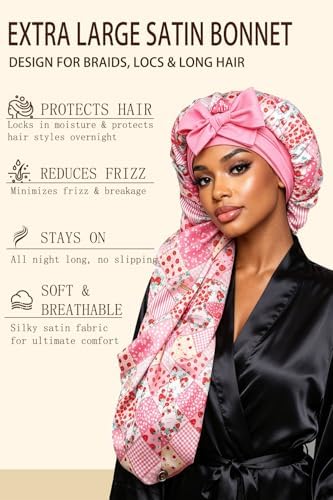 Extra Large Satin Bonnet for Braids Locs & Long Hair No Slip Tie Band Stays On All Night Sleep Cap Won’t Flatten Hair - Image 2