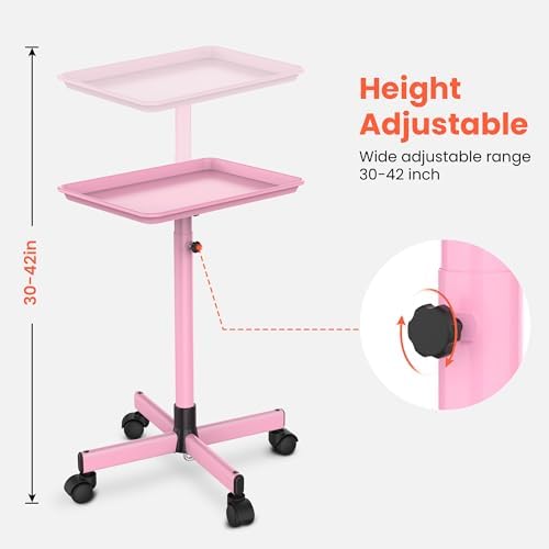 TASALON Premium Salon Tray on Wheels, Aluminum Salon Rolling Tray Trolley for Salon Essentials, Adjustable Height Provides Ample Storage for Hairstylist, Tattoo and Clinic Use - Pink - Image 2
