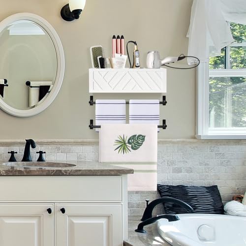 Hair Tool Organizer Wall Mount, Hair Dryer Holder with 2 Towel Bars, Wood Hot Tools Organizer, Rustic Bathroom Organizer Blow Dryer Holder for Bathroom Decor, Flat Iron, Curling Wand, Brushes(White) - Image 4