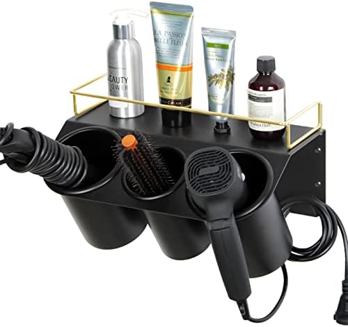 J JACKCUBE DESIGN Hair Dryer Holder Wall Mount Bathroom Vanity Hair Styling Care Tool Accessories 3 Cups Storage Organizer Caddy with Shelf Steel Black Gold- MK1002A (Black) by JACKCUBEDESIGN
