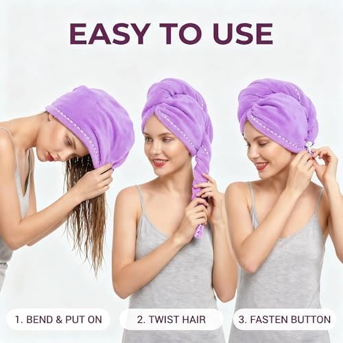 Microfiber Hair Towel 4 Pack, Hair Towel Wrap Quick Dry Hair Hat Anti-frizz Head Turban with Button, Wet Curly Hair Towels for Women (Blue & Pink & Purple & Red) - Image 4