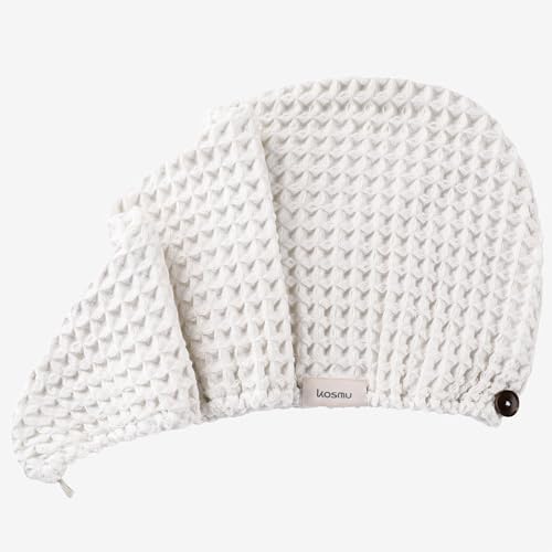 Luxury Organic Japanese Cotton Hair Drying Waffle Towel Wrap for Women | Absorbent, Quick-Dry Head Turban for Shower, Sauna, Spa | Extra Large for Long, Curly, Straight Hair With Button (White, 1 Pc) - Image 2