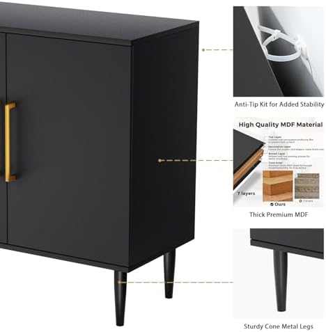 Vrullu Modern Storage Cabinet, Free Standing Buffet Cabinet, Black Sideboard and Buffet Storage, Wood Accent Furniture for Living Room, Hallway, Entryway, Dining Room (1, Black) - Image 6