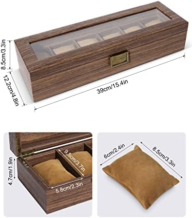 Uten Watch Box 6 Slots with Glass Lid, Wood Grain PU Leather - Image 5