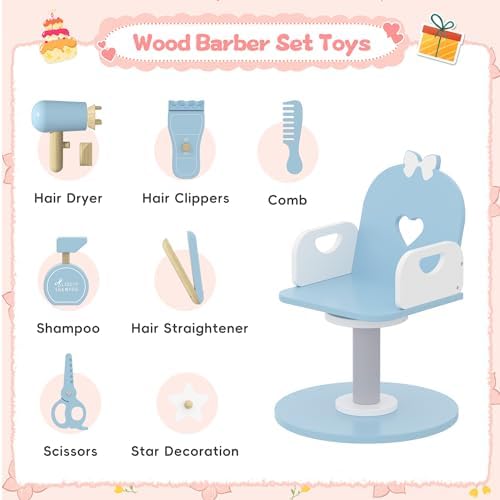 Wooden Kids Vanity Table and Chair Set with Light and Mirror, Princess Makeup Vanity Desk with Barber Chair and Rolling Cart, Pretend Hair Salon Play Set, Toddler Vanity Set for Girls, Blue - Image 6