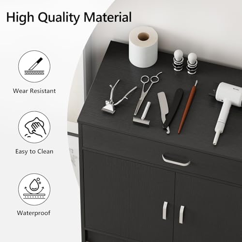 5-Drawers Salon Furniture Salon Storage Station, Free Standing Cabinet for Hair Stylist, Beauty Spa Furniture w/1 Large Capacity Cabinet & 1 Open Shelf, Spa Bathroom Equipment, Black - Image 7