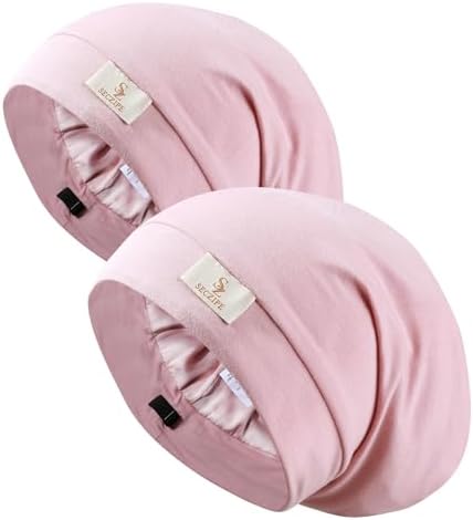 SECZIPE 2pcs Silk Satin Bonnet Hair Wrap for Sleeping, Adjustable Strap Curly Natural Hair Night Caps for Women Men(Pink&Pink) by SECZIPE