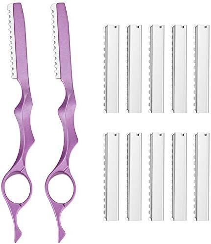 Mudder 12 Pieces Hair Razors for Cutting Hair 6.89 Inch Styling Thinning Razor Set, 2 Texturizing Cutting Tool Kit and 10 Stainless Steel Replacement Blades for Salon Home Women Men(Pink) by Mudder