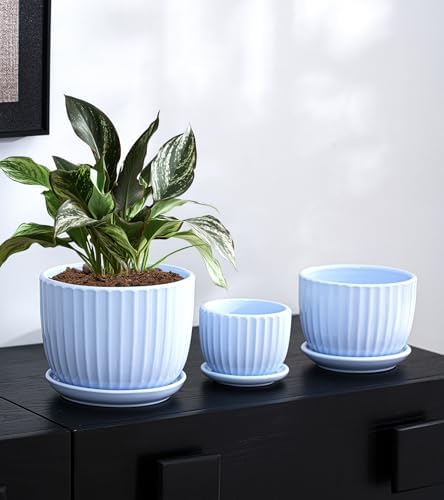 Flower Pots，Ceramic Pots with Drainage Holes & Saucers Set of 3(Sky Blue) - Image 2