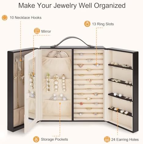 DesignSter Jewelry Box for Women, Jewelry Storage with Mirror, Travel Jewelry Organizer with Handle for Stud Earrings, Rings, Necklaces, Bracelets(Black Brown & Apricot) - Image 3