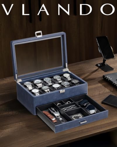 VLANDO Watch Box 10 Slots, Lockable Watch Case with Textured Leather, 2 Layer Watch Holder for Rings, Glasses, Mens Jewelry Box with Glass Lid, Removable Divider, Gifts for Father, Husband, Blue - Image 2