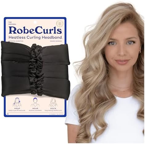 RobeCurls Original Heatless Hair Curler Set with 2 Scrunchies - Patented Satin Curling Headband with Wire Hold for Heatless Curls Overnight - Gentle Hair Curlers to Sleep In for Women & Kids, Black by RobeCurls