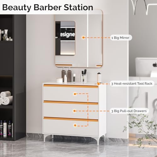 OmySalon Salon Station for Hair Stylists, Barber Free Standing Styling Cabinet with 3 Drawers, Square Mirror & Hair Dryer Holders, Modern White Gold Beauty Dresser for Salon, Spa, Home - Image 3