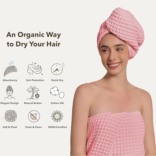 Luxury Organic Japanese Cotton Hair Drying Waffle Towel Wrap for Women | Absorbent, Quick-Dry Head Turban for Shower, Sauna, Spa | Extra Large for Long, Curly, Straight Hair With Button (Pink, 1 Pc) - Image 4