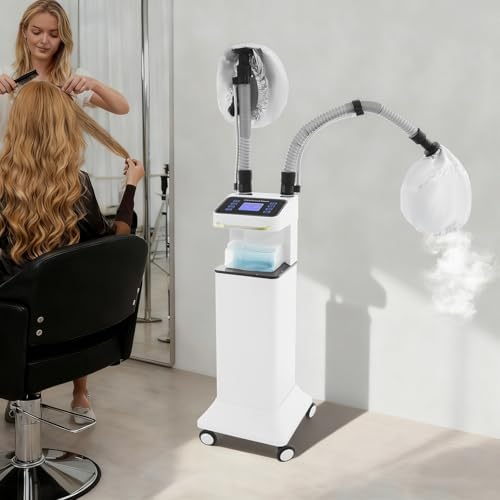 800W Nano Hooded Hair Steamer, Professional Micro Mist Hair Care Steamer with 2 Steam Caps, Salon Hair Deep Conditioning Machine with Adjustable TEM 33.8-167℉ & Timer for Home Salon SPA Use (White) - Image 2