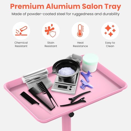 TASALON Premium Salon Tray on Wheels, Aluminum Salon Rolling Tray Trolley for Salon Essentials, Adjustable Height Provides Ample Storage for Hairstylist, Tattoo and Clinic Use - Pink - Image 4