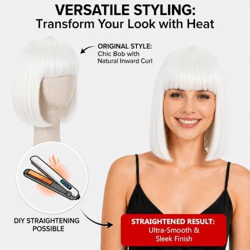 Short Pure White Bob Wig with Bangs for Women - Image 7