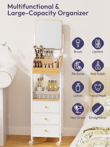 SWTYMIKI Makeup Organizer Cart with Mirror - Makeup Storage Vanity Dresser with Non-Woven Drawers, 360° Rotating HD Mirror, Rolling Organizer Cart for Skin Care Perfume Nail Polish Hair Tool White - Image 6