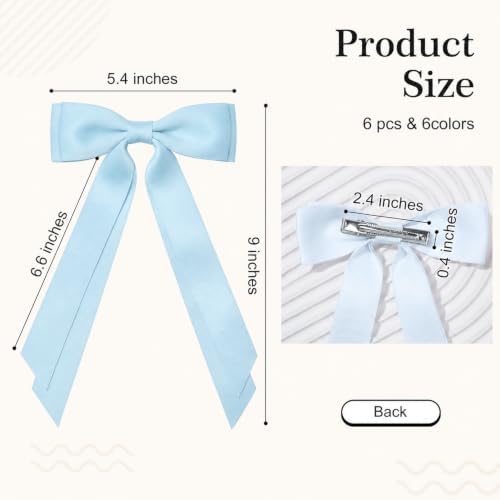 6PCS Blue Tone Hair Bows, Large Ribbon Bow Hair Clips for Girls Women Cute Ponytail Holder Accessories for Toddlers Kids Teens - Image 4