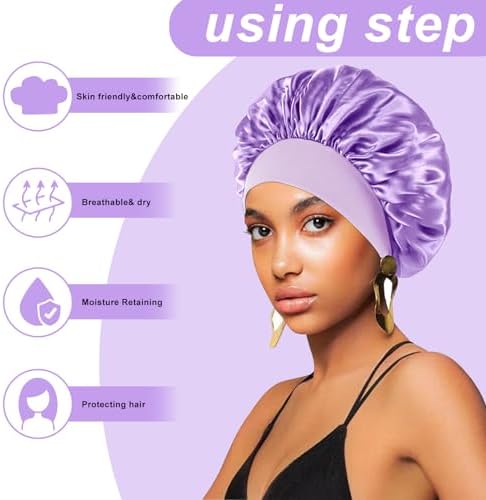 4PCS Silk Bonnet for Sleeping - Satin Bonnets for Black Women & Men, Elastic Wide Band Hair Wrap Cap for Curly Hair, Shower Cap (Black, Sapphire Blue, Pink, Purple) - Image 3