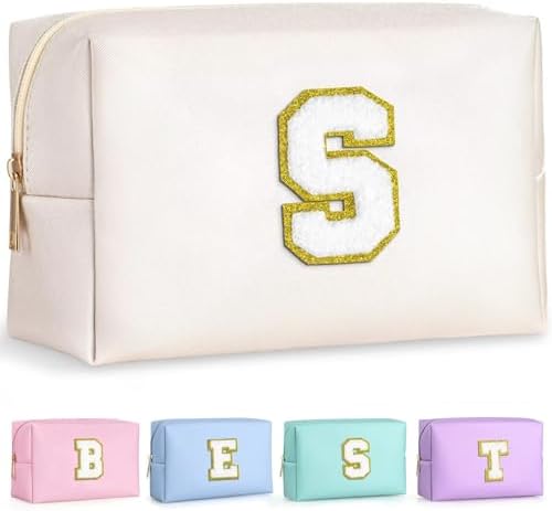 TOPEAST Initial Cosmetic Bag for Women, Preppy Small Makeup Bag, PU Leather Waterproof Toiletry Bag, Monogrammed Birthday Gifts for Women, Stuff for girls (White S) by TOPEAST