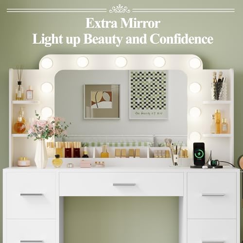 JUMMICO Makeup Vanity Desk with Large Mirror and Lights, Vanity with Power Strip and Hairdryer Holder, 6 Open Shelves and 7 Drawers Modern Dressing Table, for Bedroom (White) - Image 4