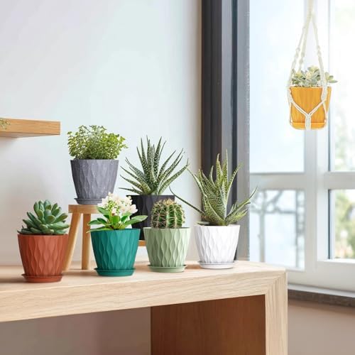 Meowell 5 inch Plant Pots for Indoor Outdoor Plants, 6 Pack Flower Pots with Drainage Holes and Saucers, 3D Modern Wave Texture Small Plastic Planter Pots for Nursery and House Plants, Blue Green - Image 5