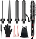 5 in 1 Curling Iron, Fast Heat Up Thermal Brush Set with 4 Interchangeable Ceramic Barrels (0.35”-1.25”) Dual Voltage Travel Tools Birthday Gift for Women - Hair Curler Wand Kit for Curls & Blowout by YGOVVK
