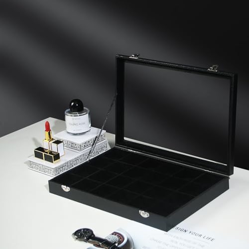 Coward Jewelry Organizer Box, Black Velvet 24 Grids Ring Earring Jewelry Display Tray Case with Transparent Glass Lid for Home Drawer or Shop Selling - Image 6