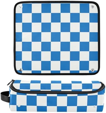 Checkerboard White Blue Plaid Hair Tools Travel Bag Portable Carrying Case Travel Pouch Organizer with Heat Resistant Mat for Curling Iron Hair Dryer Flat Irons - Image 3