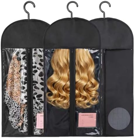 3PCS Anti-Static Wig Storage & Care, Multi-functional Wig Holder for Multiple Wigs Wig bags for travel, Dust-Proof Storage Organizer with Hook for Hair Extensions, Wigs & Accessories (Black) by Unknown