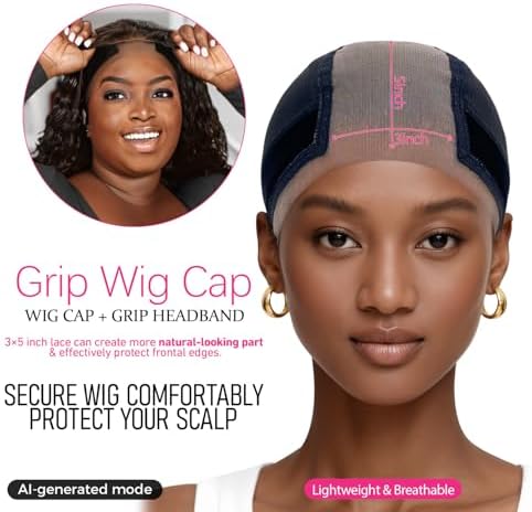 LAB HAIRS Wig Cap with Grip Band for Keeping Wigs in Place, More Full Cap-wide Transparent Lace for Lace Front Wigs - Brown/Black/Nude Non Slip Cap Make Your Wig Be Glueless (Black-L) - Image 2