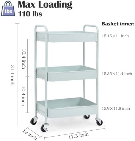 TOOLF 3 Tier Metal Rolling Cart, Utility Storage Cart with Wheels, Green - Image 2