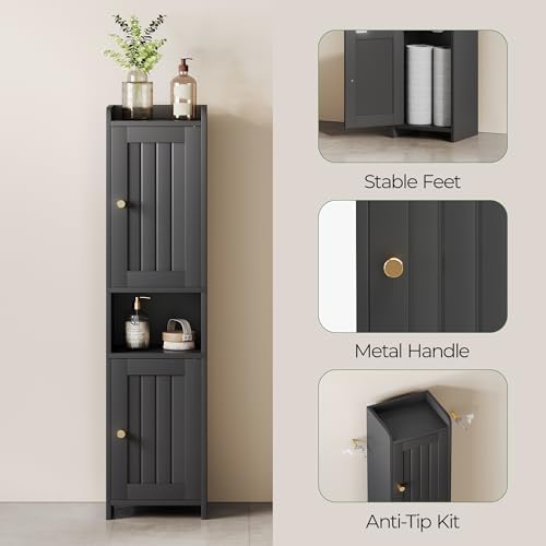 Bathroom Cabinet with 2 Doors, 7.3 x 9.8 x 40.4 Inches, Small Freestanding Storage Cabinet with Adjustable Shelf, Floor Cabinet for Small Spaces, Bathroom, Entrances, Kitchen, Black - Image 6