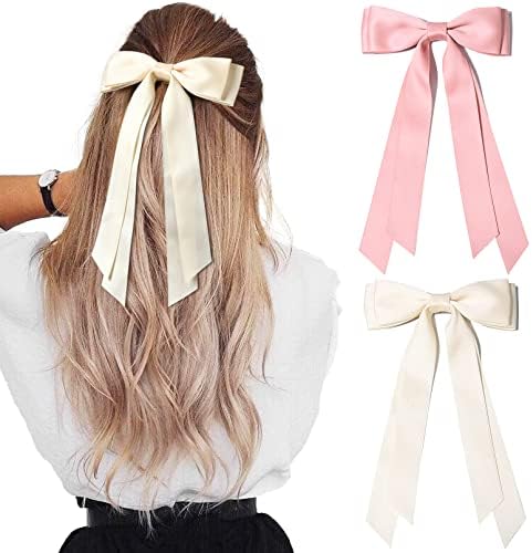 2PCS Silky Satin Hair Bows Hair Clip Beige Pink Hair Ribbon Ponytail Holder Accessories Slides Metal Clips Hair Bow for Women Girls Toddlers Teens Kids by AILEAM