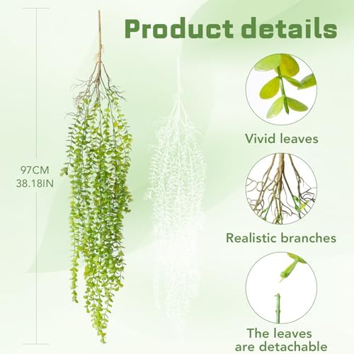 4 Pack Fake Hanging Plants, 38" Artificial Hanging Eucalyptus Plants Greenery Vines UV Resistant Faux Trailing Plants for Indoor Outdoor Wall Shelf Porch Boho Home Patio Decor(4PCS Green) - Image 3