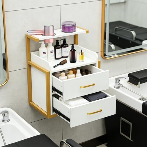 Suspended Salon Wall Cabinet with 2 Drawers & Hair Dryer Holder, Storage Cabinet for Hair Salon, Wall Mounted Styling Station, 15.75'' Wide Storage for Hair Salons, Spas, Home Use (Gold) by Unknown